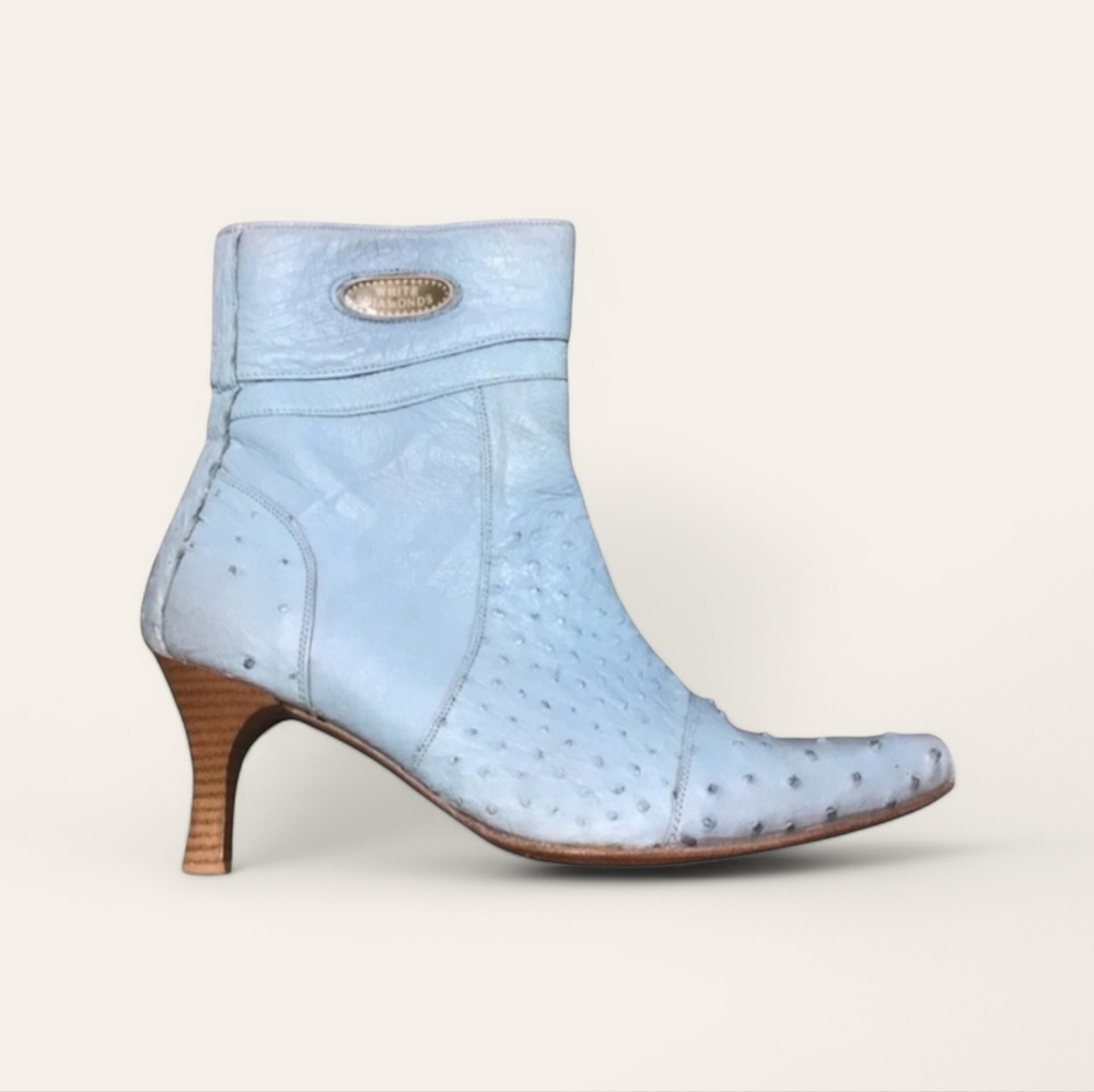 White Diamonds Ostrich Leather Side Zip Heeled Western Boot in Powder Blue